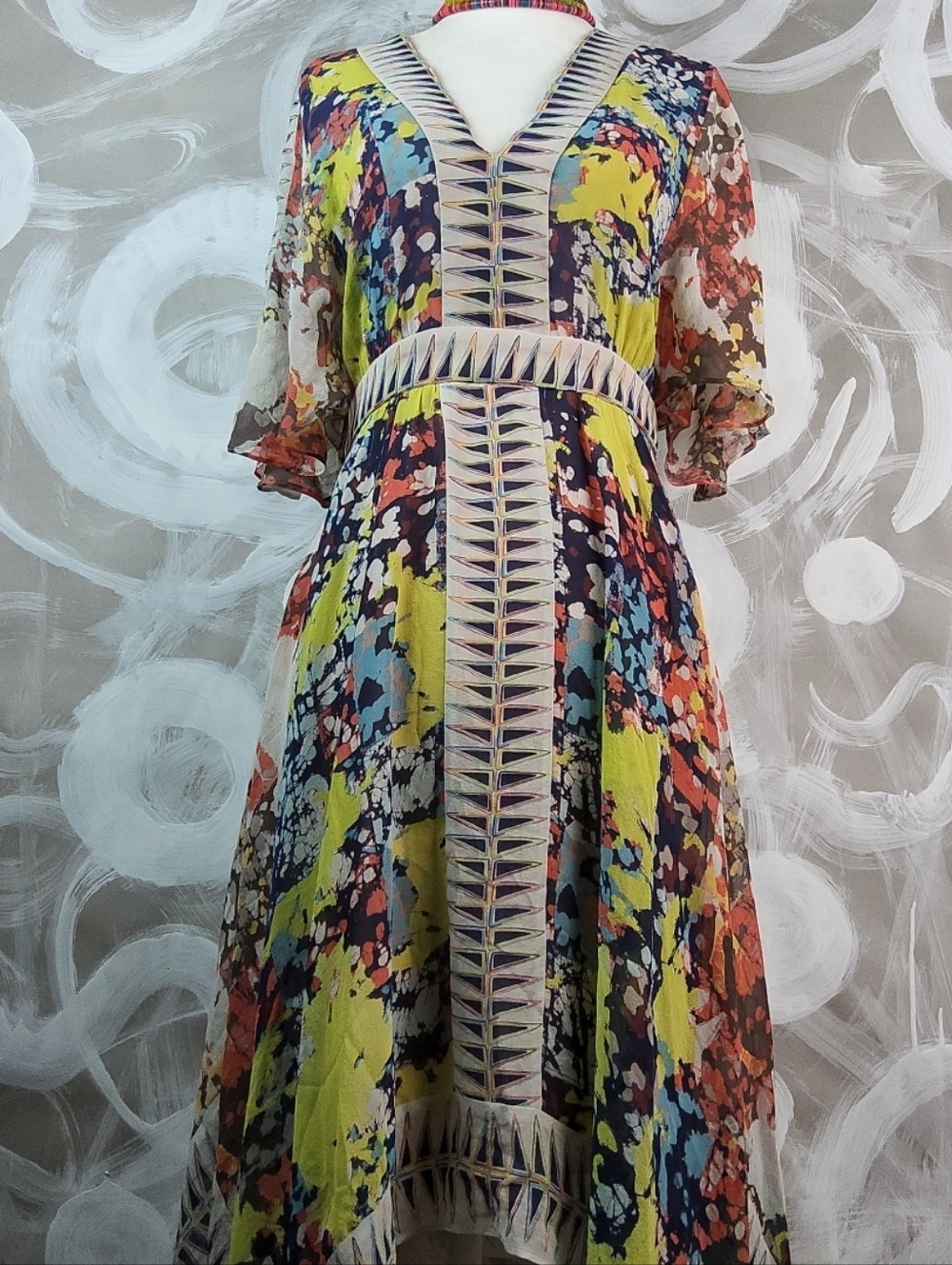 BCBG MAXAZARIA Wmns XS Silk Multicolor Geometric Splash Designer Dress Roselle